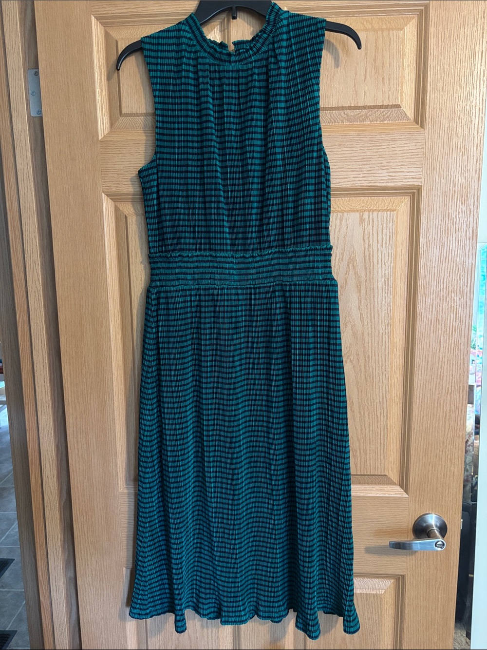 Draper James Teal and Navy Striped Sleeveless Midi Dress with High Neck